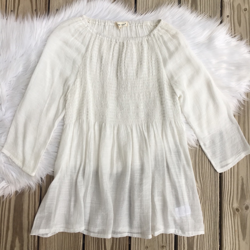 Indigo Soul Smocked Front Sheer Boho White Top